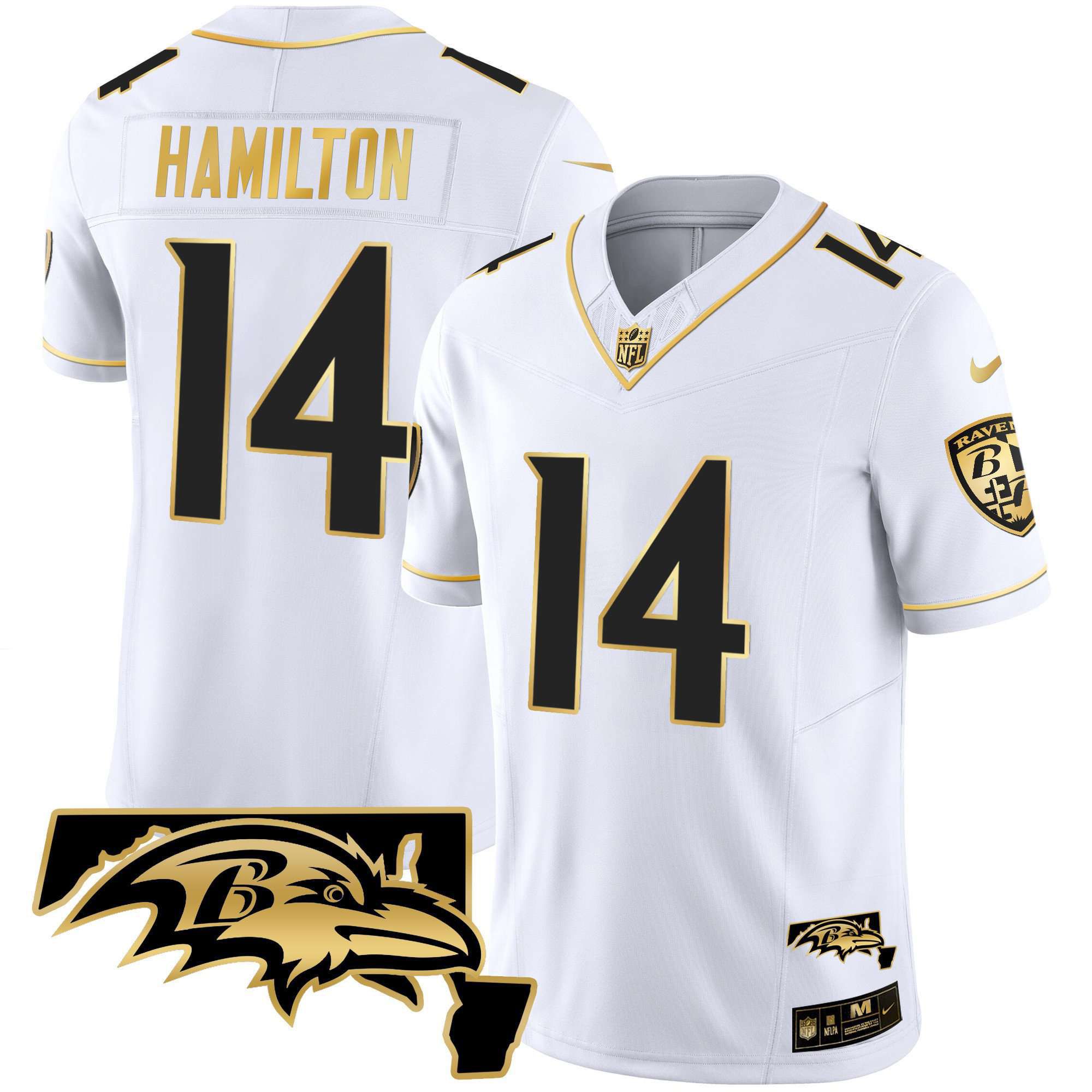 Men Baltimore Ravens #14 Hamilton White Gold 2024 Nike Maryland Patch Vapor Limited NFL Jersey
